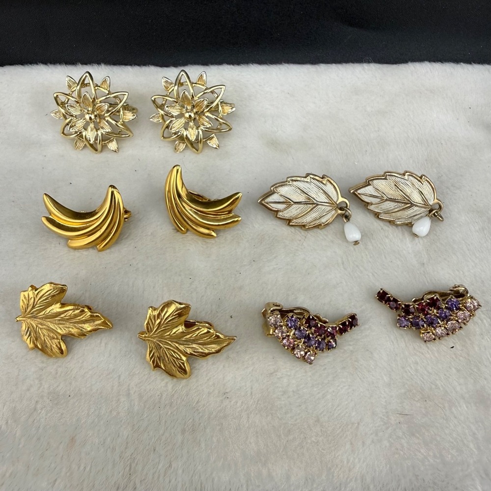 Vintage Clip On Earrings Lot of 5โ Gold tone Leaf Rhinestone